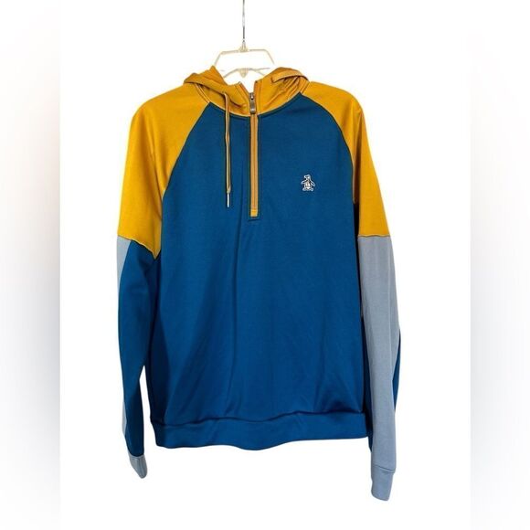 Original Penguin Golf Colorblock Crossover Pullover Blue & Gold Hoodie M - Picture 1 of 12